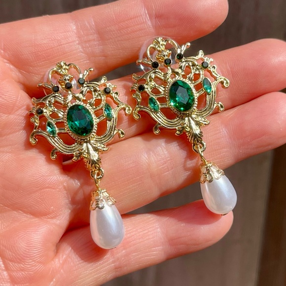 Large Rhinestone Green Brooch Earrings 3 pcs set Vintage Style Brooch Earrings - Picture 5 of 8